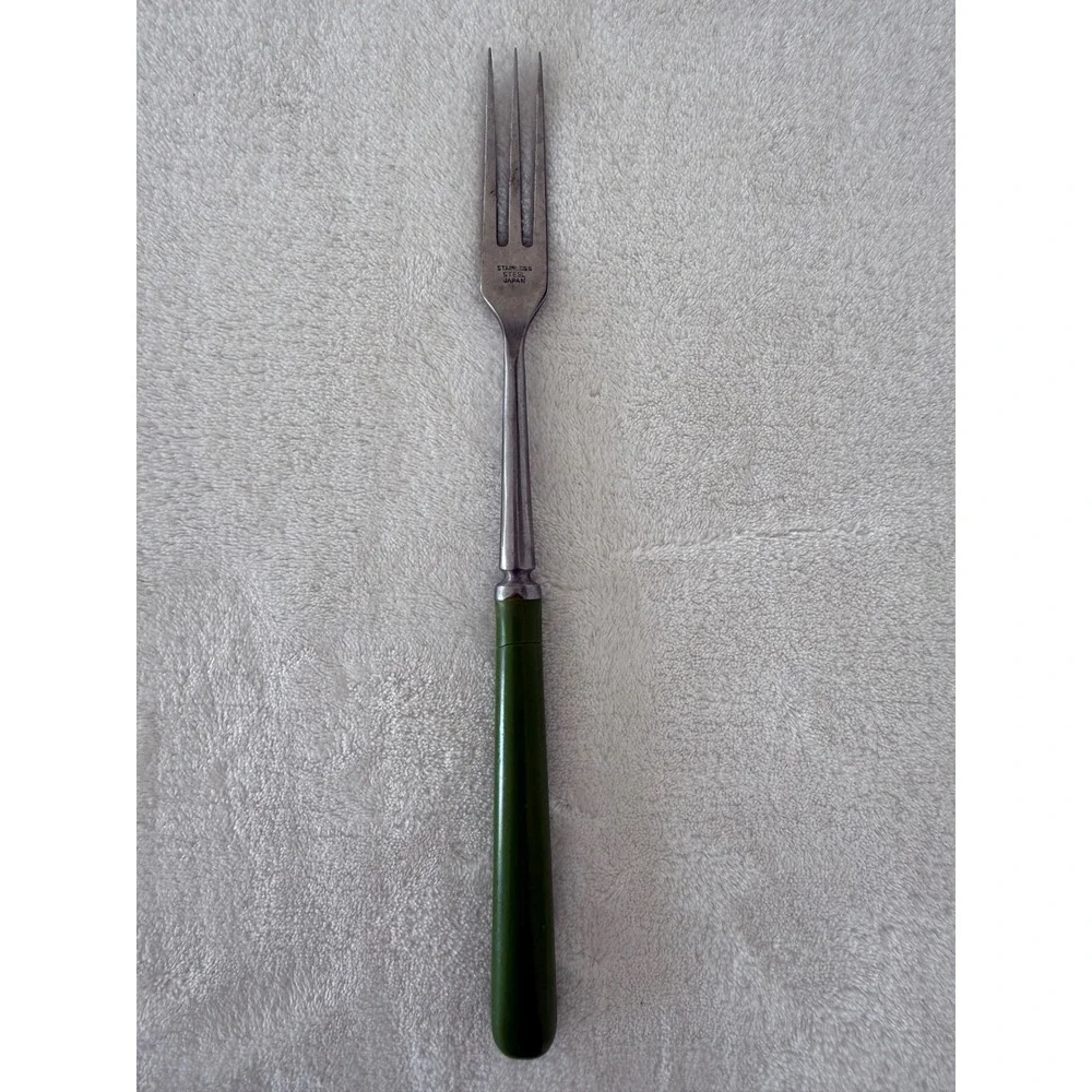 Vintage Unbranded MCM Granny‎ Meat Fork Long Green Handle Stainless Steel Japan
